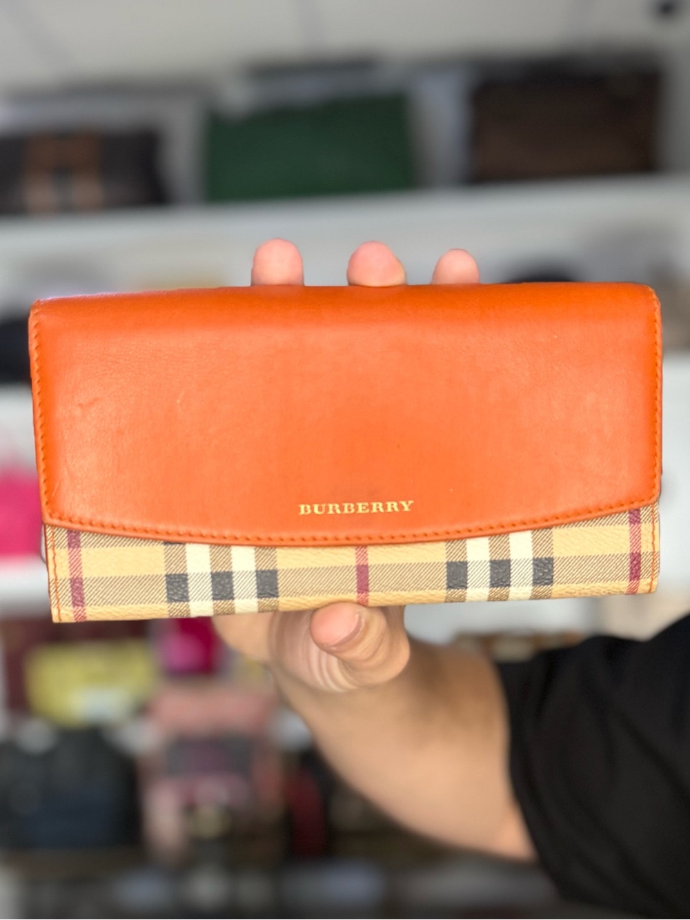 Burberry Orange Leather & Beige Check Continental Wallet
